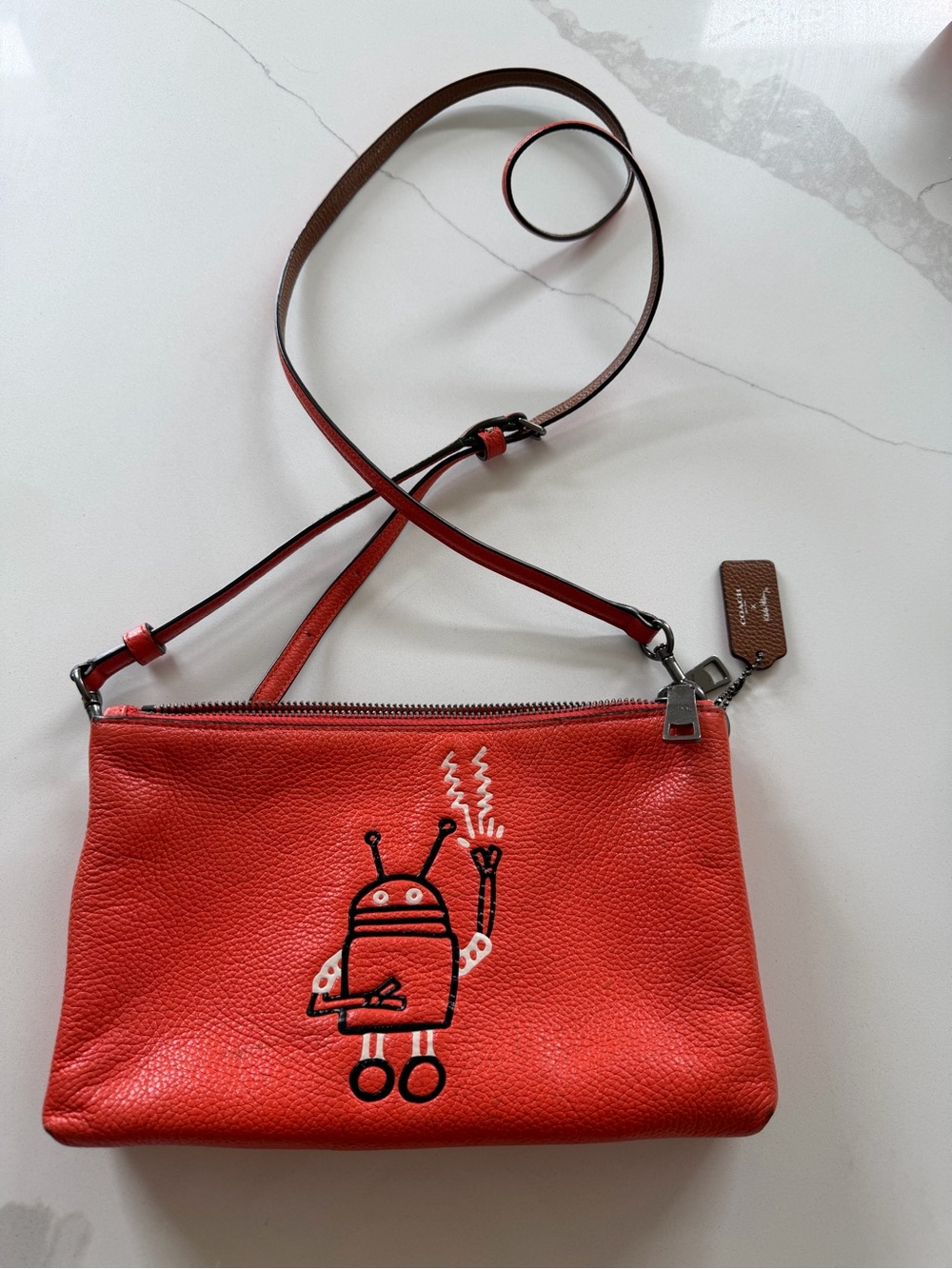 Coach x Keith Haring Rare Robot Orange Double Zip Crossbody Purse